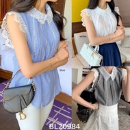 BL20984 Lynn Crochet Collar Dolly Blouse Women's Top with Striped Lace Combination