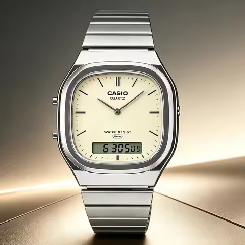 Casio AQ‑240E Analog‑Digital Watch | Water Resistant | Stainless Steel Band | Daily Alarm | Dual Tim