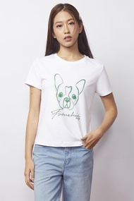 ESP เสื้อทีเชิ้ตลายเฟรนช์ชี่ ผู้หญิง สีขาว | Frenchie Print Tee Shirt | 06207