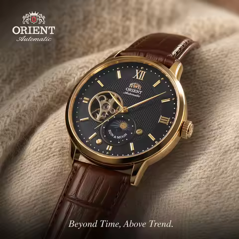 Orient Skeleton Moon Phase Men Automatic Watch Roman Numerals Leather Strap Waterproof Dress Wristwa