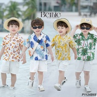 Boys' beach Set with white pants, 4 shirt colors with outstanding Bernie patterns - Shirt Set short 