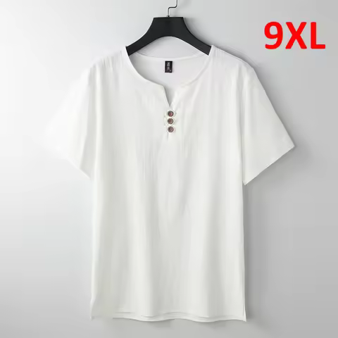 9XL Linen T-shirt Men Summer Solid Color Tshirt Fashion Casual Linen Tees Tops Male Henley Collar T 