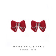 Bling Diamond Retro Red Velvet Earrings Bow Knot Diamond Edge Earrings Ear Clips without Pierced Ear