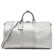 Louis Vuitton Virgil Abloh Silver Glitter Damier Leather Keepall 50 Bandoulière Silver Hardware, 202
