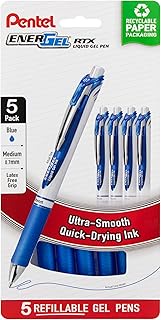 Pentel EnerGel RTX Retractable Liquid Gel Pen, (0.7mm) Metal Tip, Medium Line, Blue Ink, Plastic-Free Packaging, 5 Pack