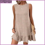 Summer Sundress Ruffle Hem Loose Sleeveless Round Neck Solid Color A-line Mini Dress for Beach Datin