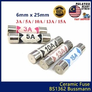 Ceramic Fuse BS1362 Bussmann 3A / 5A / 10A / 13A / 15A, 6x25mm UK Plug Top Fuse
