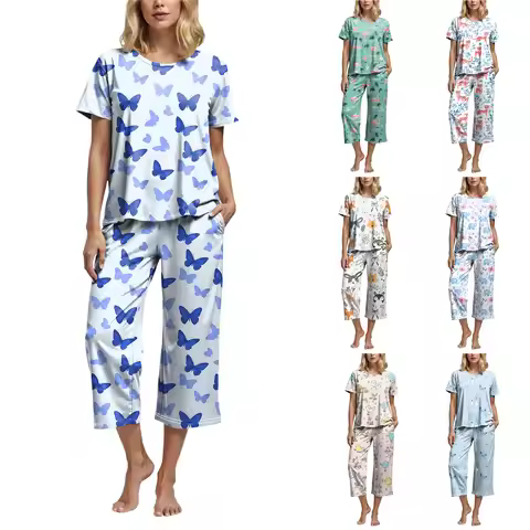 Women Pajamas Set Plus Size Summer Silk Sleepwear Thin Short-Sleeved Capri Pants O-Neck Casual Anima