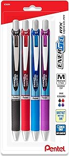 Pentel Energel Gel Pen - RTX Deluxe Retractable Energel Liquid Gel Ink Pens 0.7 mm - Needle Tip - Assorted Ink Colors - Pack of 4 includes Black, Blue, Violet, and Red pen