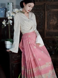 靈犀 粉色復古馬面裙 古風成人漢服 新中式國風半身裙子