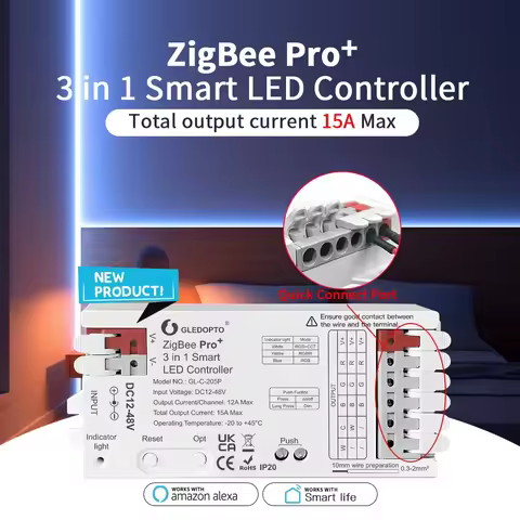 GLEDOPTO GL-C-205P ZigBee3.0 LED Controller Pro Plus 3 Modes in 1 RGBCCT RGBW RGB DC 12-48V 15A Max 