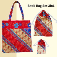 Batik Bag Set 3in1 totebag pouchbag drawstring bertali pelbagai kegunaan handmade untuk souvenir doo