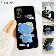 Hontinga เคส Realmi6 Realme 7 5G/4G Realme 7i Realme 7 Pro Realme 6 Pro กับ Hello Kitty Stand แฟชั่นเคสโทรศัพท์ TPU สี่เหลี่ยมชุบโครเมี่ยมสุดหรูสีทึบเคสคลุมทั้งหมดกล้องเคสกันกระแทกยางป้องกันเพชรเคสสำหรับเด็กผู้หญิง