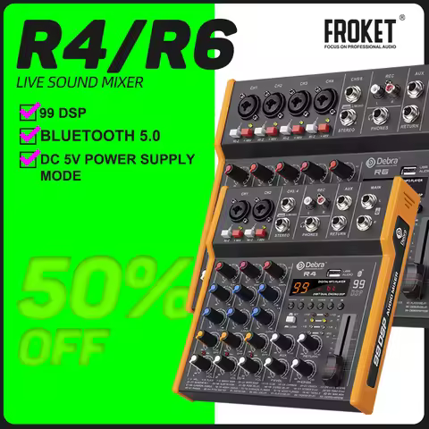 4/6 Channels DJ Controller Audio Mixer 99DSP Stereo R4/R6 Multi-functional 6.5 mm TypeC Sound Card F