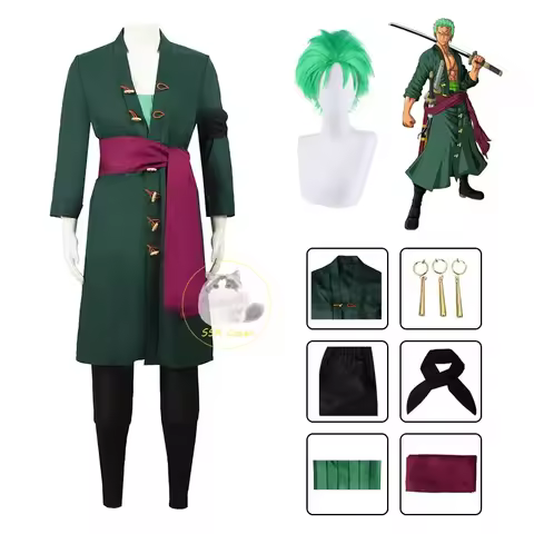 Anime Roronoa Zoro Cosplay Costume Uniform Green Coat Belt Pants Head Scarf Roronoa Zoro Wig Earring