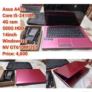 Asus A43s Core i5-2410M 4G ram 500G HDD 14inch Windows10 NV GT610M-2G Price: 4,600