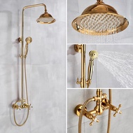 Luxury Gold Brass Bathroom Shower Faucet System Set 8 Inch Rainfall Shower Head Handheld Spray Dual 