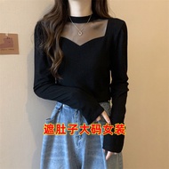 [40-150kg M-4xL]2-300斤大码遮肚子女装秋冬内搭胖mm打底衫设计感网纱拼接上衣T恤Fat puls size oversize T-shirts