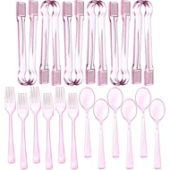 18 Keping Set Peralatan Makan Plastik Merah Jambu Pakai Buang, Tahan Lasak, Termasuk 6 Penyepit Hida