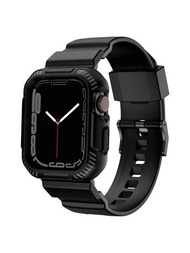 碳纖維紋理TPU保護殼與黑色手錶帶，適用於蘋果手錶系列，與S9/8/7/6/5/4/SE (45/44mm) 兼容，適用於帶手錶帶的智能手錶