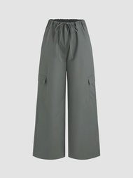 Cider High Waist Solid Cargo Parachute Trousers