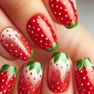 24Pcs Red Short Ballet Removable False Lovely Strawberry Gradient Pattern Acrylic Nails Patch Summer