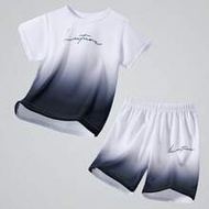 2pcs/Set Boys Active Wear Set, Gradient Mesh Short Sleeve T-Shirt And Sports Running Shorts, Loose F
