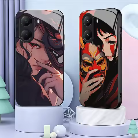 Japanese Oni Mask Girl Tempered Glass Phone Case for Xiaomi Poco M7 M8 X7 X8 Pro Max X6 X5 X3 Redmi 