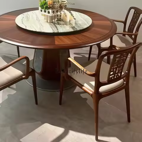 yj21 North American black walnut round dining table, all solid wood household new Chinese dining tab