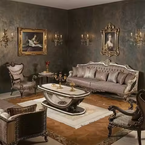 Set Turkish Royal Carved Wooden Sofa with Marble Top Coffee Table for Grand Living Room Elegant Waln
