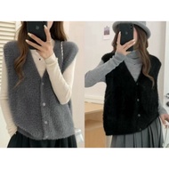 Live Style Jan26-088 Solid Color V-Neck Buttoned Furry Vest Jacket