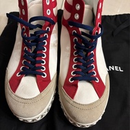 Chanel鏈條邊拼色高筒休閒鞋