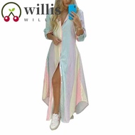WILLIS Boho Printed Long Shirts Dress, Single Breasted Button Fork Opening Colorful Stripe Print Button Shirt Dress, Long Sleeve Art Fashion Long Printed Loose Dress Female