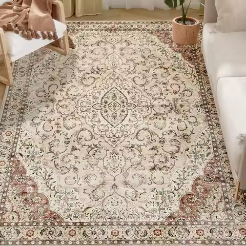 Machine Washable Area Rug, 5x7 Vintage Oriental Medallion Distressed Rugs Soft Printed Floor Mat, Mi