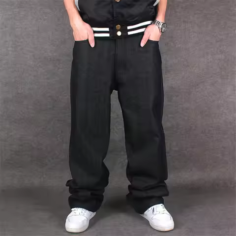 Male jeans Hip Hop Baggy Jeans Black Denim Loose Pants Rap Jeans Letter Written Boy Rapper Fashion 4
