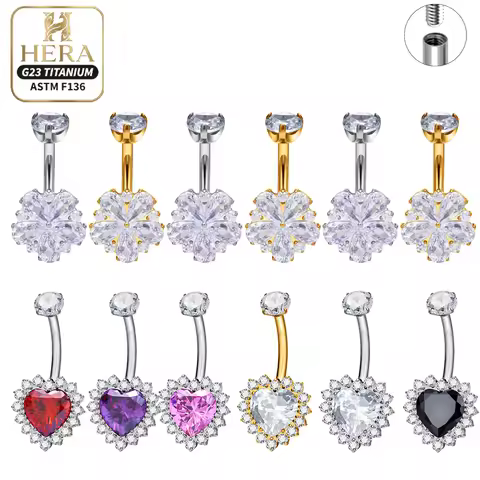 ASTM F136 Titanium Sparkly Heart Shape CZ Belly Button Ring Internal Thread Piercing Jewelry Wholesa