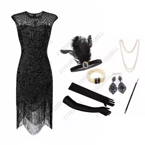 1920s Flapper Tassel Dress Great Gatsby Party Evening Sequins Fringed Gown Dresses Party Costume wit