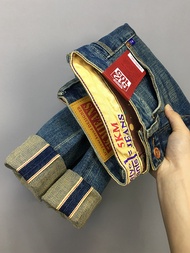 QJMBF 12.5ออนซ์สีแดง Selvedge Celana Jeans Denim 99% ผ้าฝ้ายคุณภาพสูงอเมริกันวินเทจกางเกงหลวมทรงตรงช