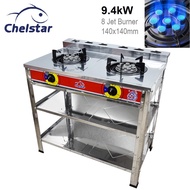 Chelstar DCF-8D Stainless Steel 8 Jet Double Burner Standing Gas Cooker Stove (9.4kW) Dapur Gas