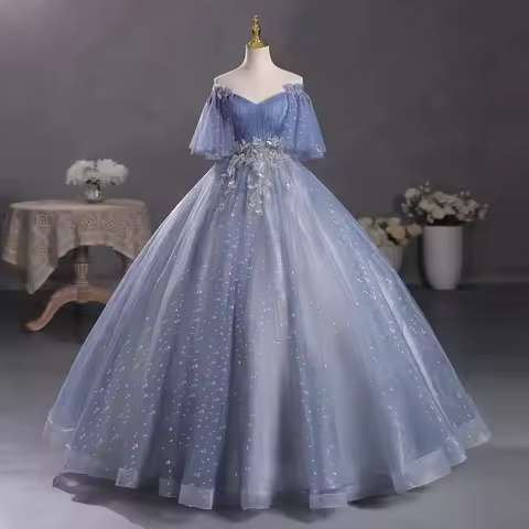 BOMARIS Dusty Blue Ball Gown Quinceanera Dresses Vestidos De 15 Anos Glitter Tulle Formal Princess B