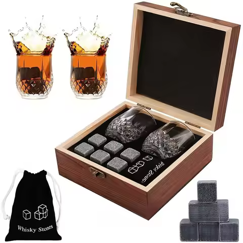 Christmas Valentine's Gift Whiskey Stones Glasses Set Granite Ice Cube For Whisky in Wooden Bottle B