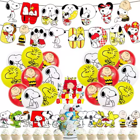 Hot Snoopy Party Supplies Set Flag Pulling Balloons Cake Topper for Happy Birthday Cupcakes Decorati