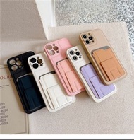 9670韓系純色可插卡八達通支架皮套手機電話殼IPHONE 15 14 13 PRO PROMAX 12 11