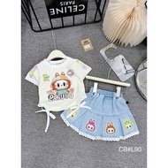 Set bộ bé gái CB90 Set áo Labubu ngắn tay nơ ren chân váy jean xếp ly
