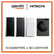 Hitachi R-VG690P7MS - GBK/GGR/GPW 550L Top Freezer Fridge + Hitachi BD-100YFVEM Front Loading - Washer Steam &amp; Hygiene E