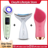 ♂Ckeyin Led Photon Beauty Device + Ems Neck Massager + Electric Ultrasonic Facial Cleanser Face Mass