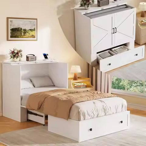 Twin Size Murphy Bed with Charging Station, White | Built-in Charging Station, Foldable Bed Design, 