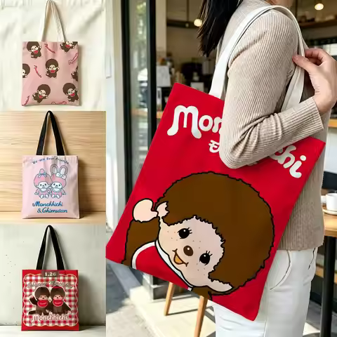 Character Monchhichi Storage Bags Polyester Canvas Foldable Tote Bag Lightweight Reusable Shopping S