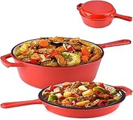 Suteck Enameled Cast Iron 2-In-1 Skillet Set, Heavy Duty 3.2 Quart Enamel Cookware Pot and Lid Set, Deep Saucepan and Shallow Skillet Dutch Oven Nonstick Frying Pan for Chef Kitchen (Red)