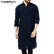 INCERUN Men's Muslimin Shirts Solid Stand Collar Shirts Casual Long Sleeved Midi Blouse Tops Kurta B